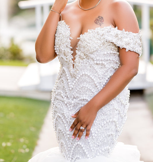 C2025-EA2766 - off the shoulder beaded fit-to-flare wedding gown