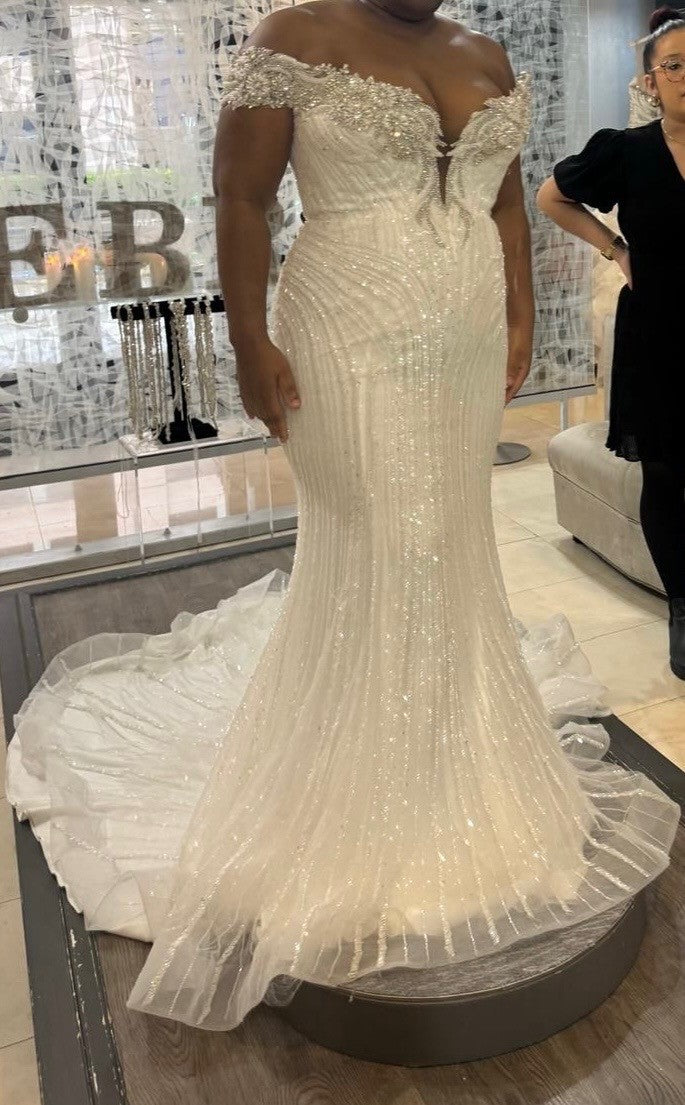 C2025-EA5017 - off the shoulder fit-to-flare plus size wedding gown