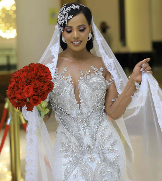 C2025-EA2820 - Crystal Bling Beaded sheer long sleeve wedding gown