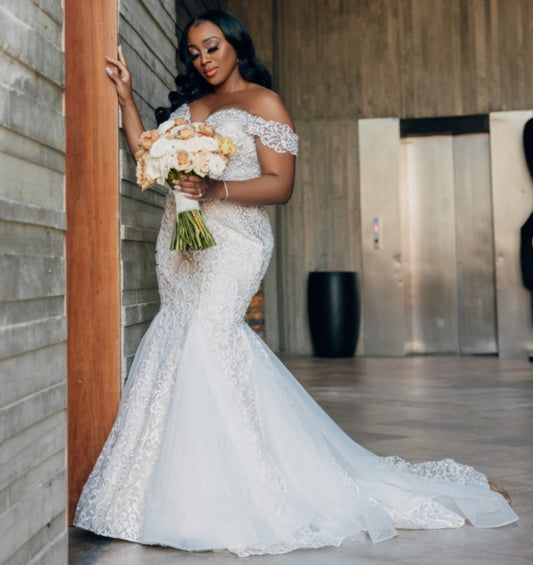 C2025-EA606 - Off the shoulder fit-to-flare beaded lace wedding gown