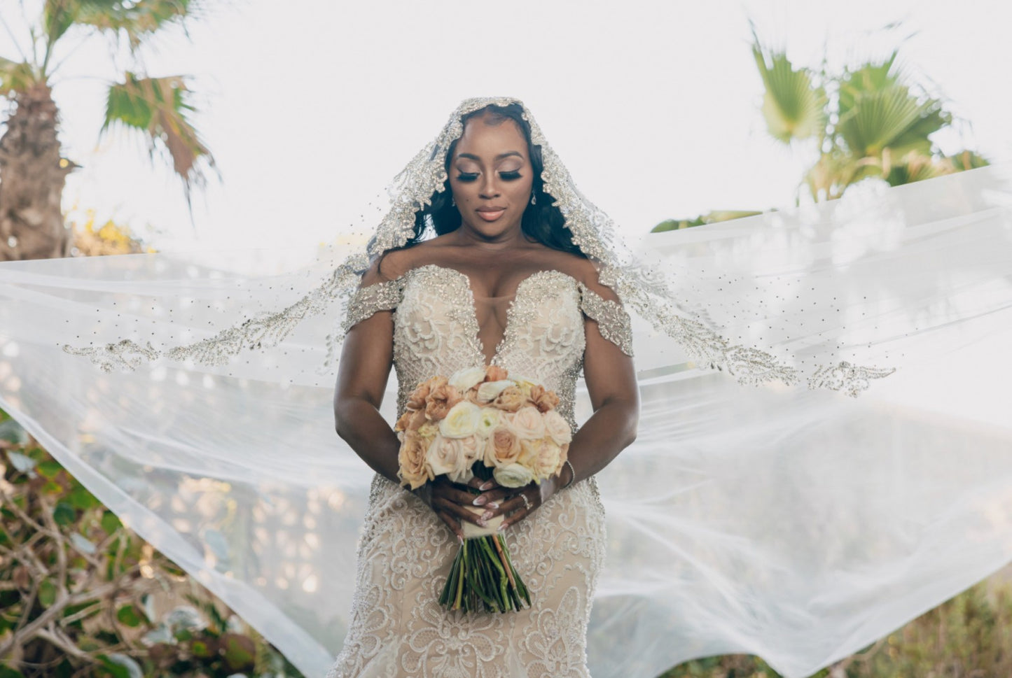 C2025-EA606 - Off the shoulder fit-to-flare beaded lace wedding gown