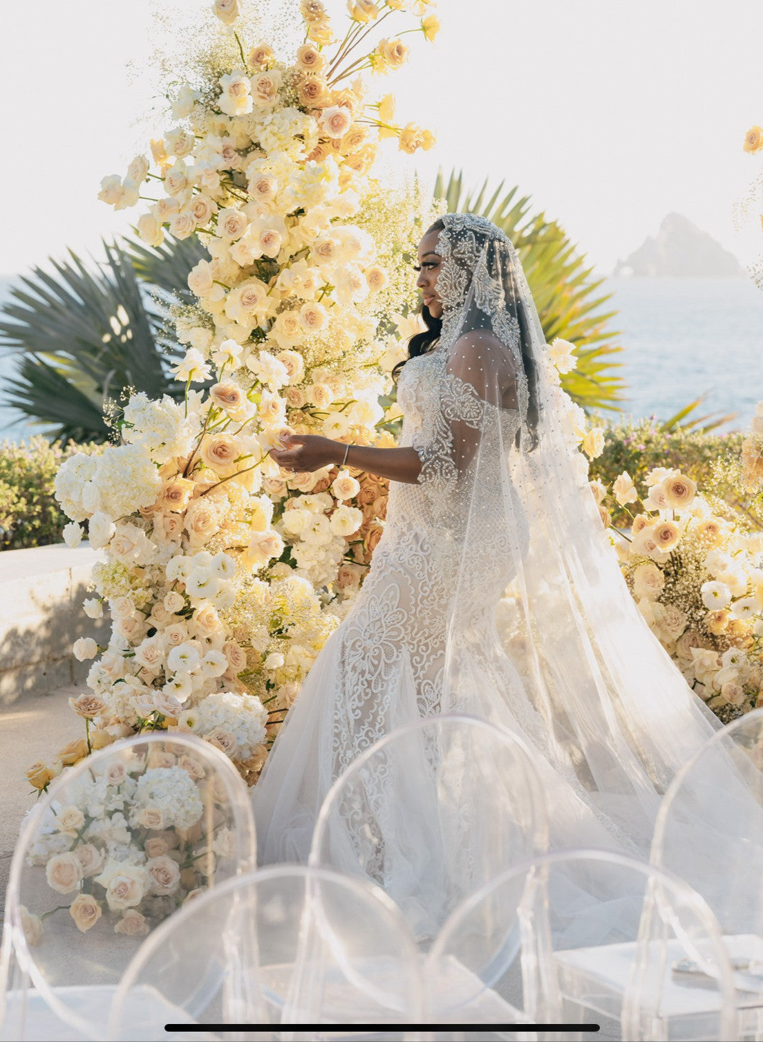 C2025-EA606 - Off the shoulder fit-to-flare beaded lace wedding gown