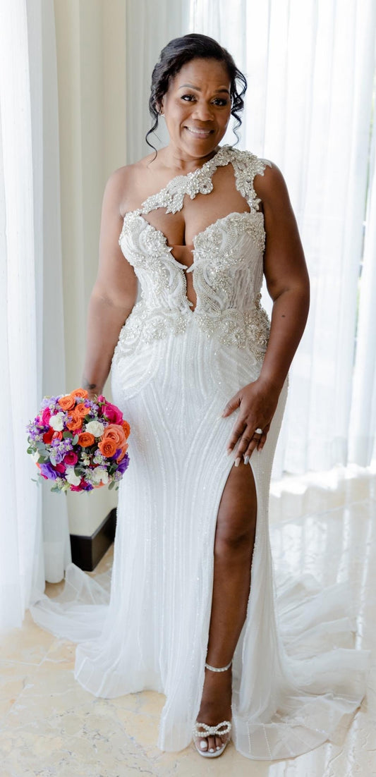 C2025-EA2838 - one shoulder halter beaded wedding gown