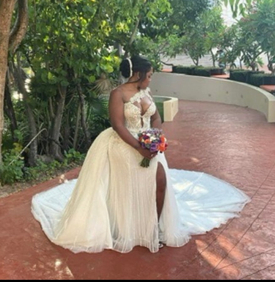 C2025-EA2838 - one shoulder halter beaded wedding gown