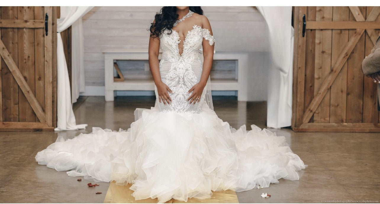 C2025-EA2851 - off the shoulder strapless fit-to-flare embroidered wedding gown