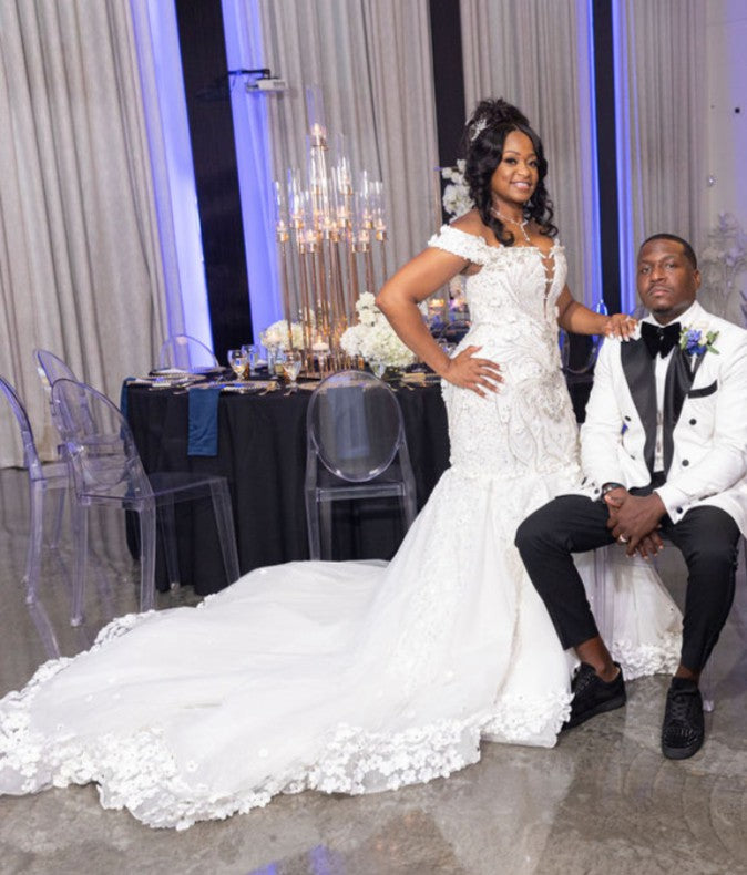 C2025-EA2855 - Off the Shoulder fit-and-flare beaded embroidery wedding gown