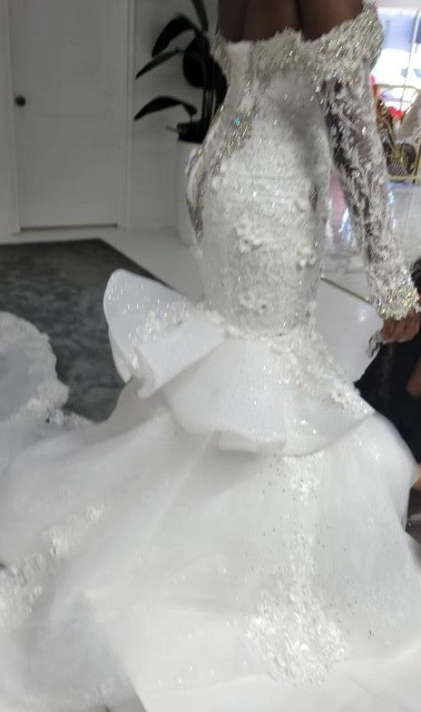 C2025-EA2910 - Off the Shoulder Long Sleeve Bling Beaded Wedding Gown with