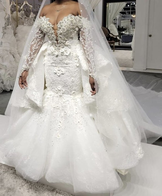 C2025-EA2910 - Off the Shoulder Long Sleeve Bling Beaded Wedding Gown with