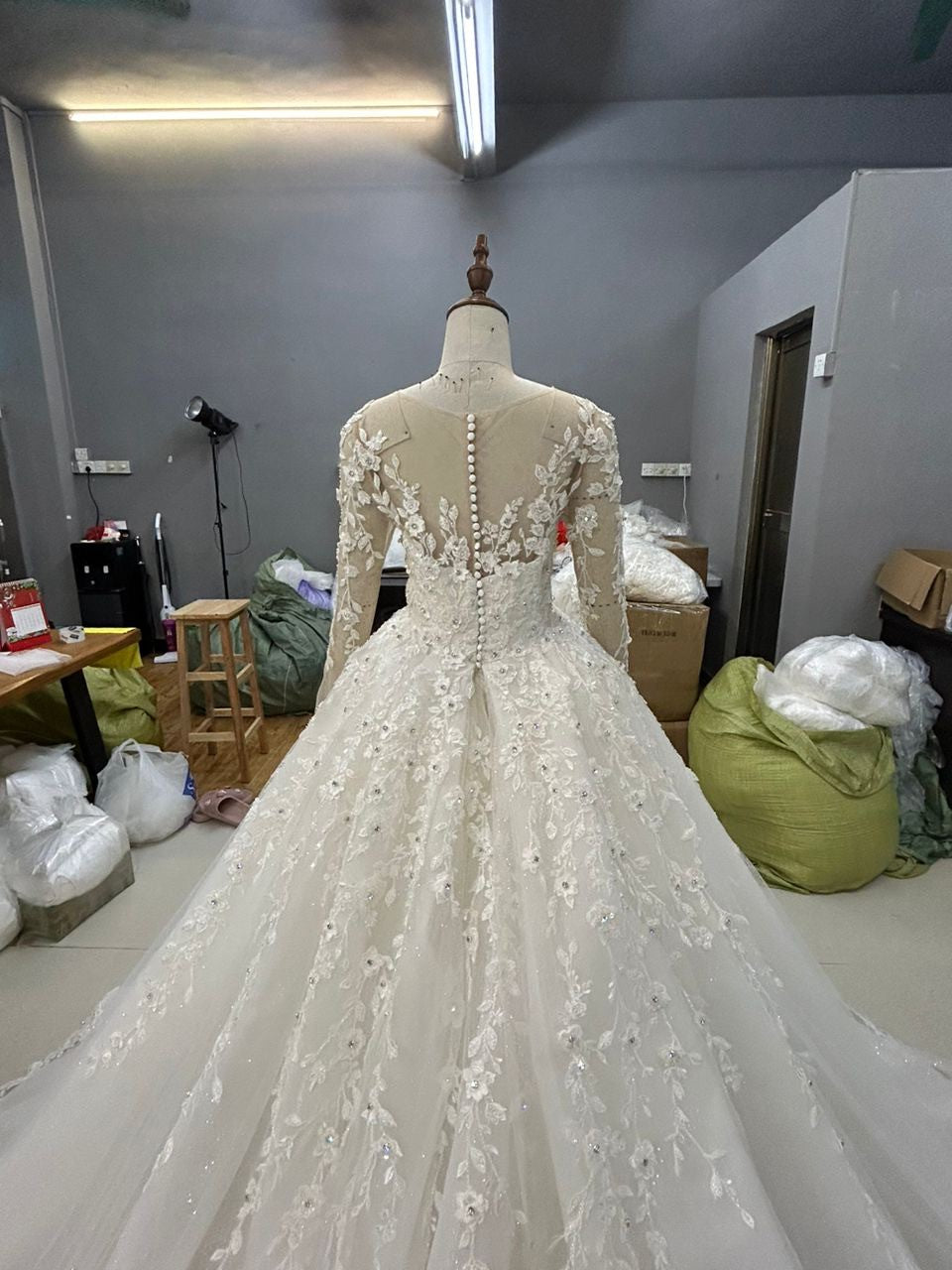 C2025-LS05K - Illusion neckline long sleeve embellished wedding gown