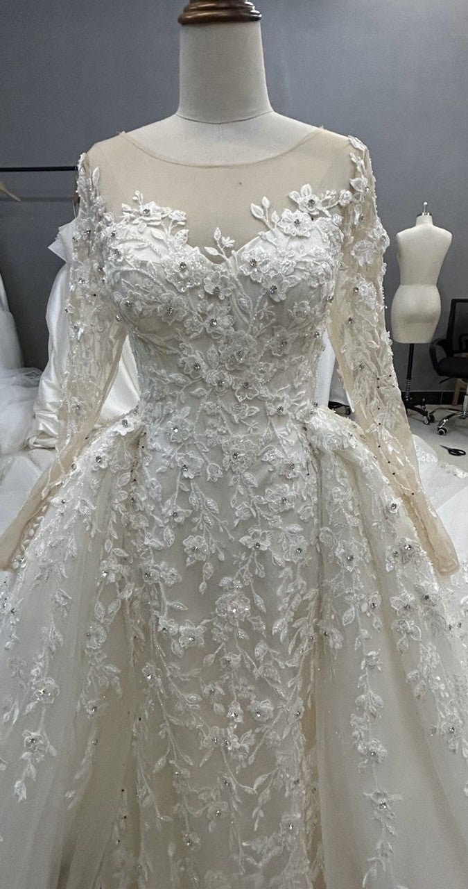 C2025-LS05K - Illusion neckline long sleeve embellished wedding gown