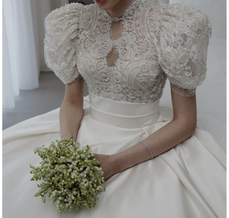 short empire waist wedding dress 1940s Ivory Empire-Waist Sheath Wedding Dress with Lace Trimmed Square Baskerville's Bespoke Costumes