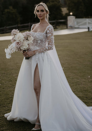 C2025-PCLS3 - sheer long sleeve beaded wedding gown