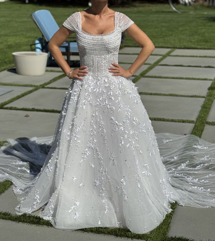 short sleeve beaded wedding dress Flowy Short Sleeves Beaded Belt Temple Chiffon Modest Summer Wedding Dress