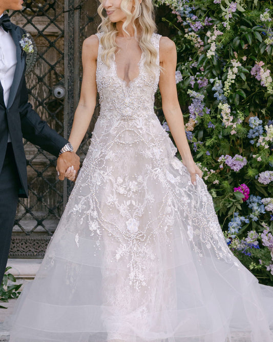 C2025-RA3 - sleeveless v-neck 3D beaded a-line wedding gown