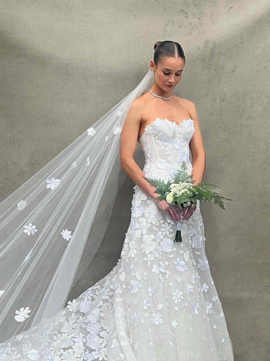 C2025-MZN4 - strapless a-line flower embellished wedding gown