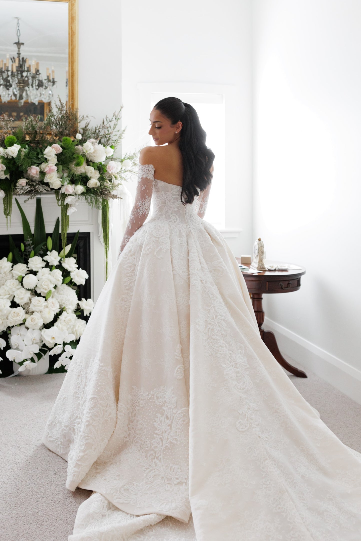 C2025-YM05 - off the shoulder pearl beaded lace wedding gown
