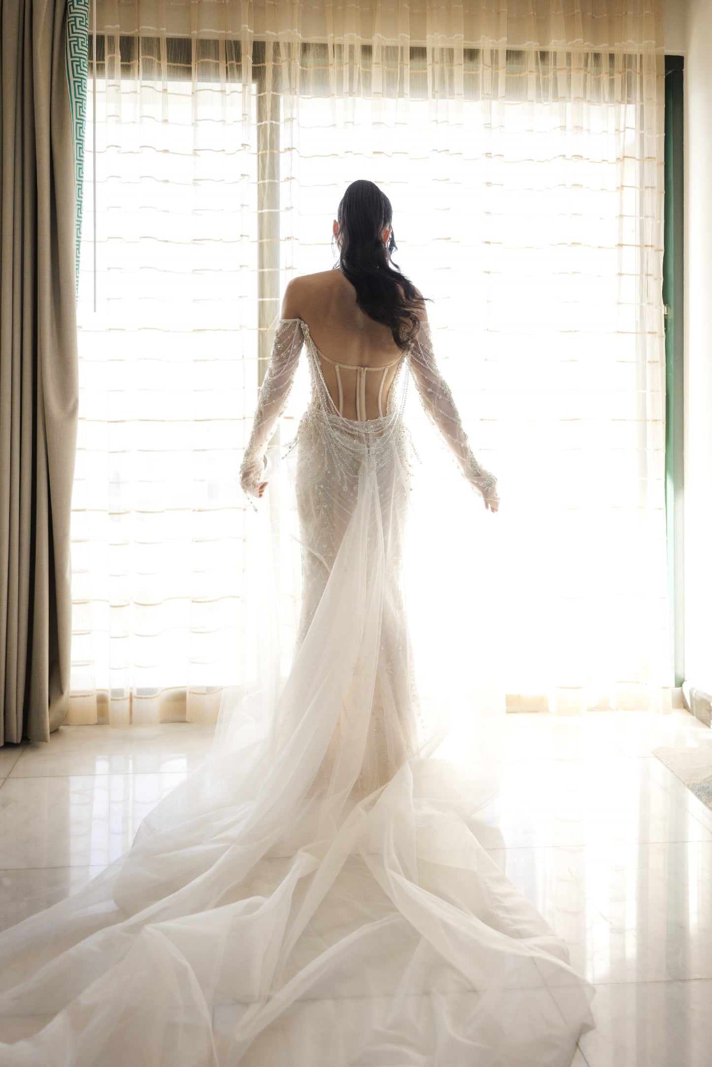 C2025-BB103 - strapless long sleeve off the shoulder beaded wedding dress with corset bodice