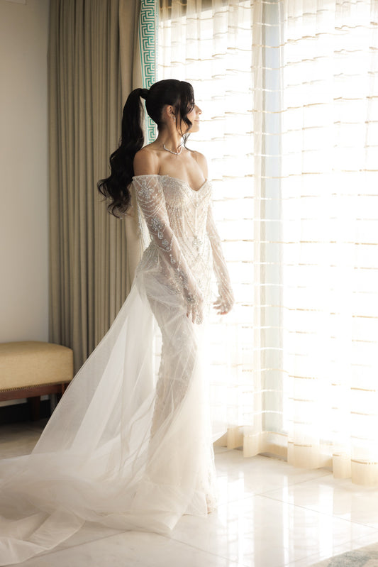 C2025-BB103 - strapless long sleeve off the shoulder beaded wedding dress with corset bodice