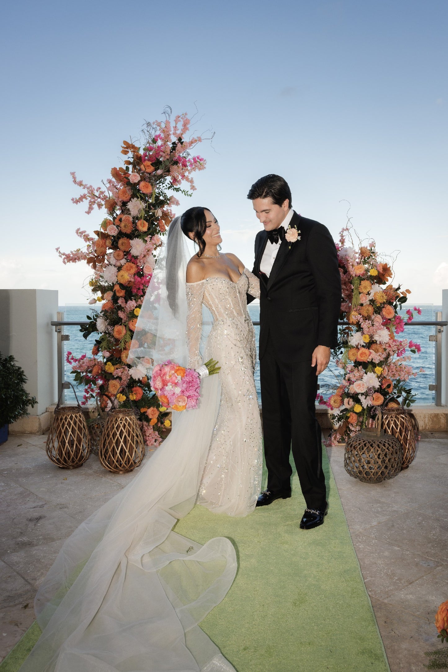 C2025-BB103 - strapless long sleeve off the shoulder beaded wedding dress with corset bodice