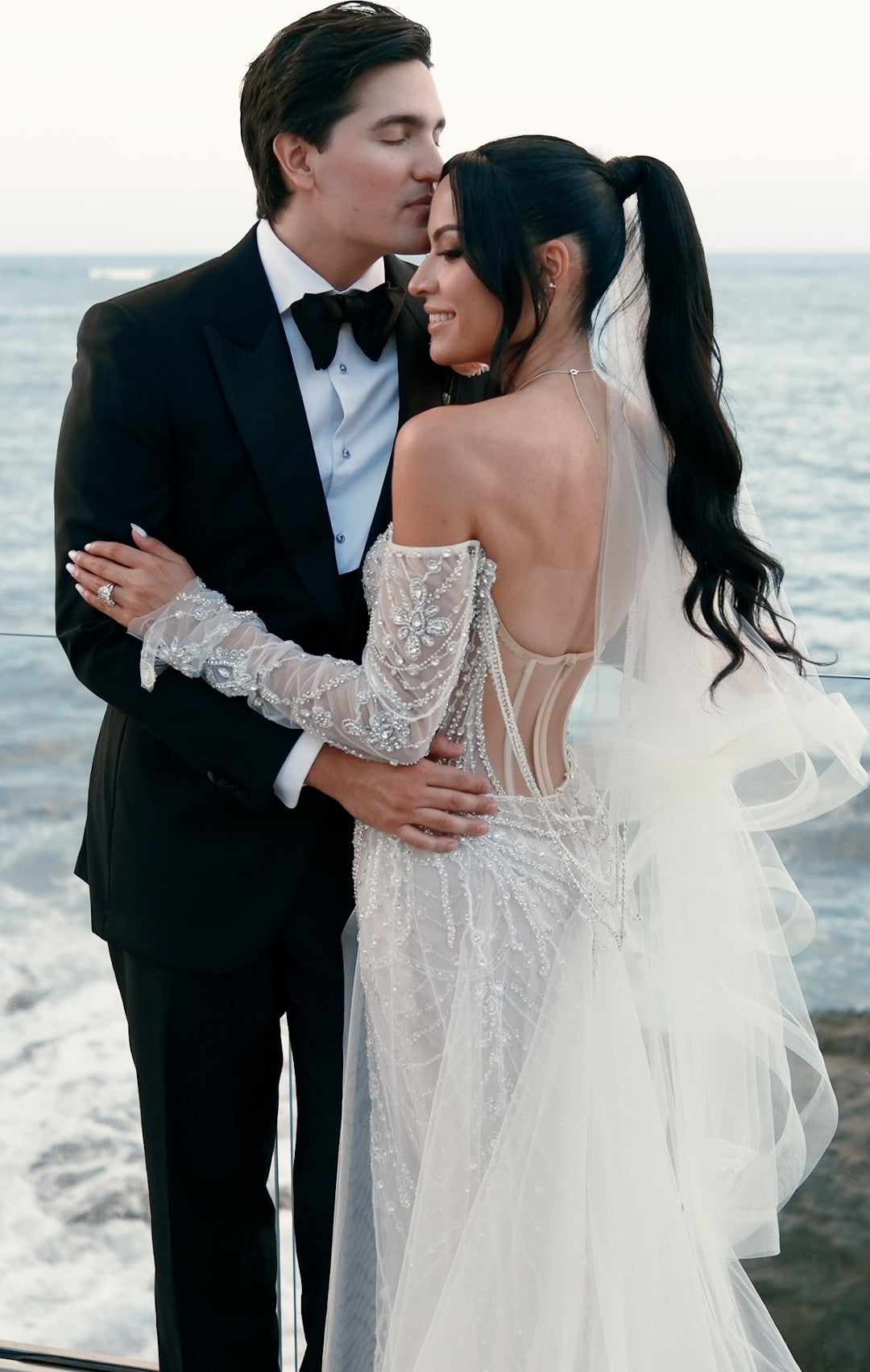 C2025-BB103 - strapless long sleeve off the shoulder beaded wedding dress with corset bodice