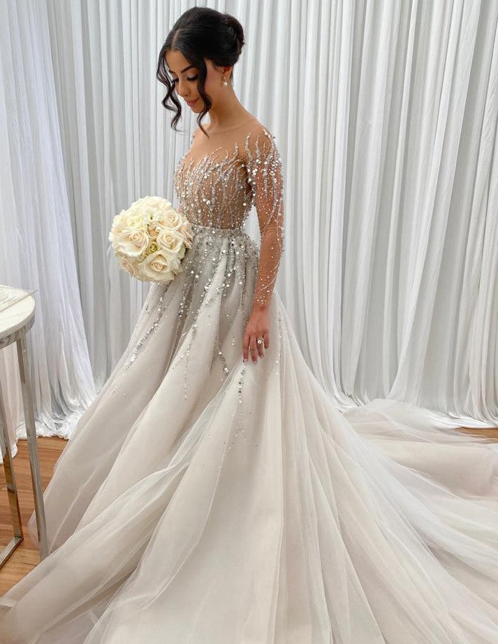 C2025-GE13 - sheer illusion neckline crystal beaded wedding gown
