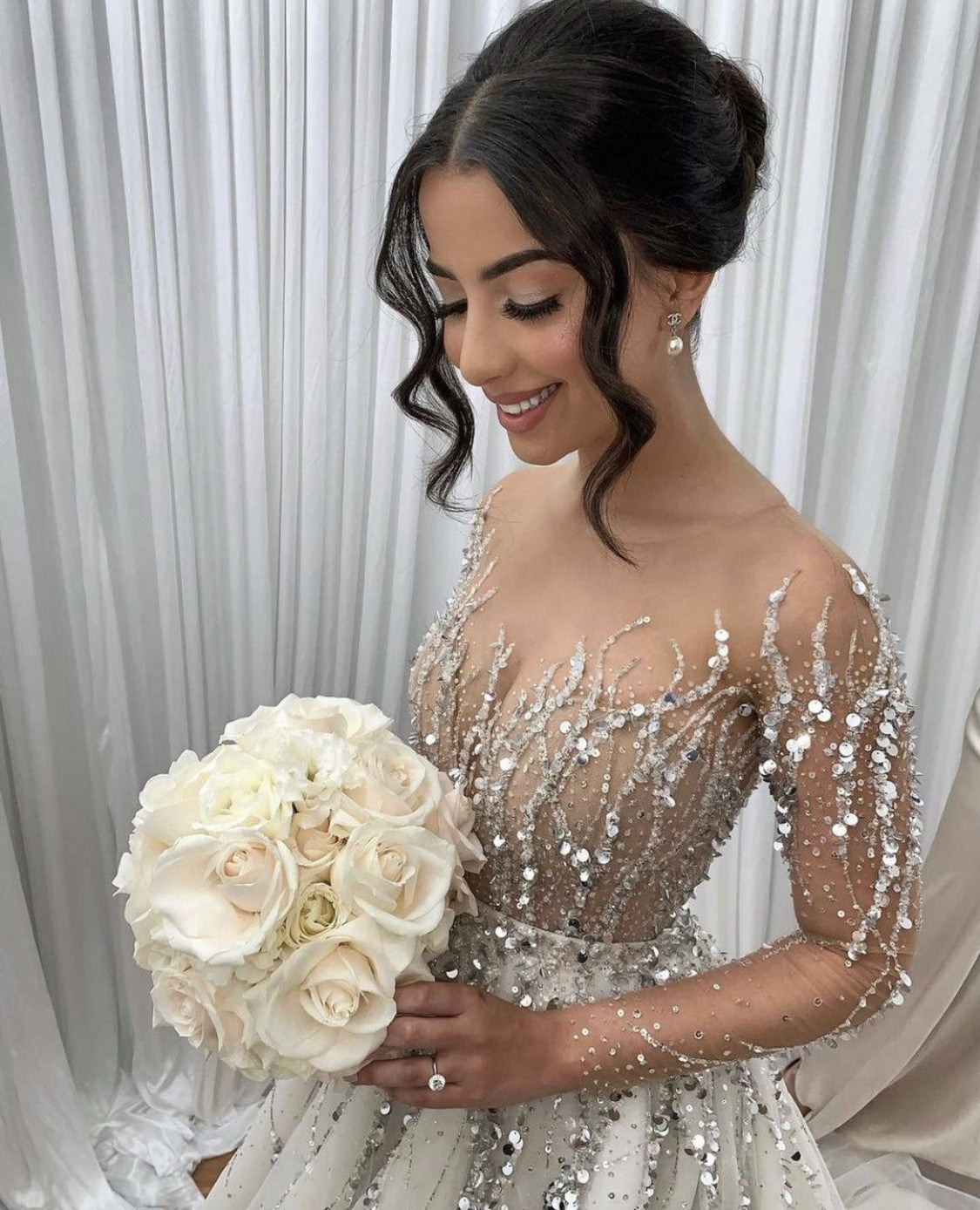 C2025-GE13 - sheer illusion neckline crystal beaded wedding gown