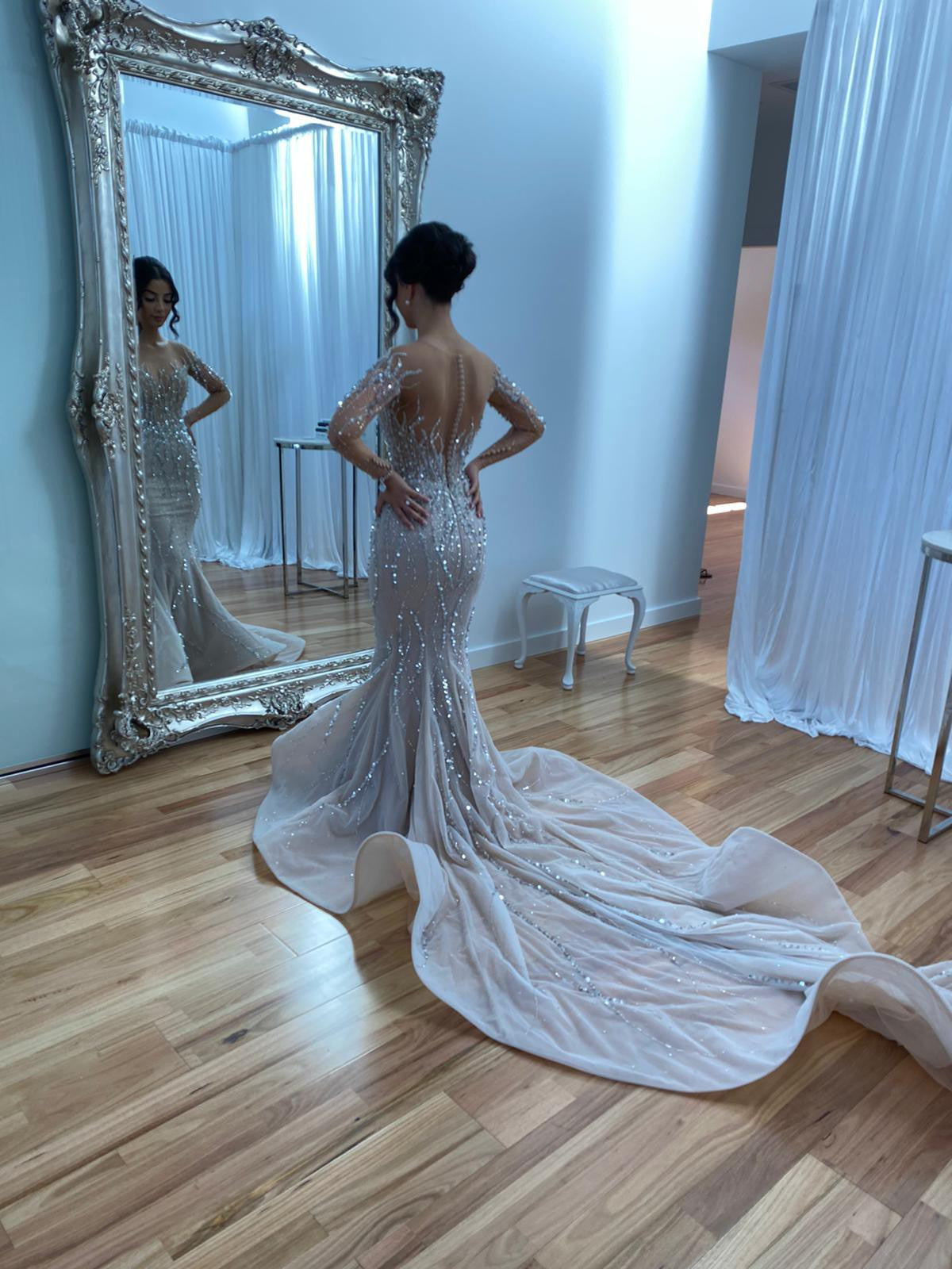 C2025-GE13 - sheer illusion neckline crystal beaded wedding gown