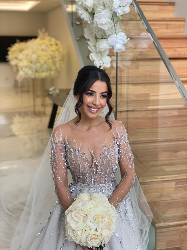 C2025-GE13 - sheer illusion neckline crystal beaded wedding gown