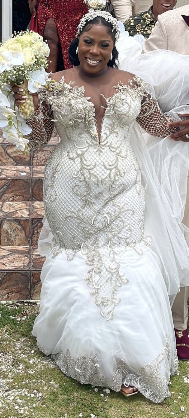 C2025-MPS17 - crystal beaded fit-to-flare plus size wedding gown with sheer long sleeves