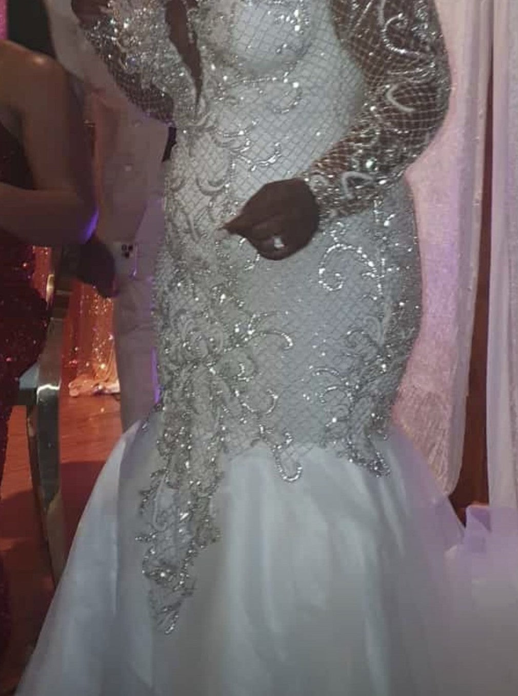 C2025-MPS17 - crystal beaded fit-to-flare plus size wedding gown with sheer long sleeves