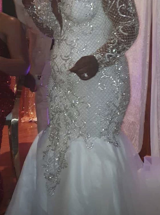 C2025-MPS17 - crystal beaded fit-to-flare plus size wedding gown with sheer long sleeves