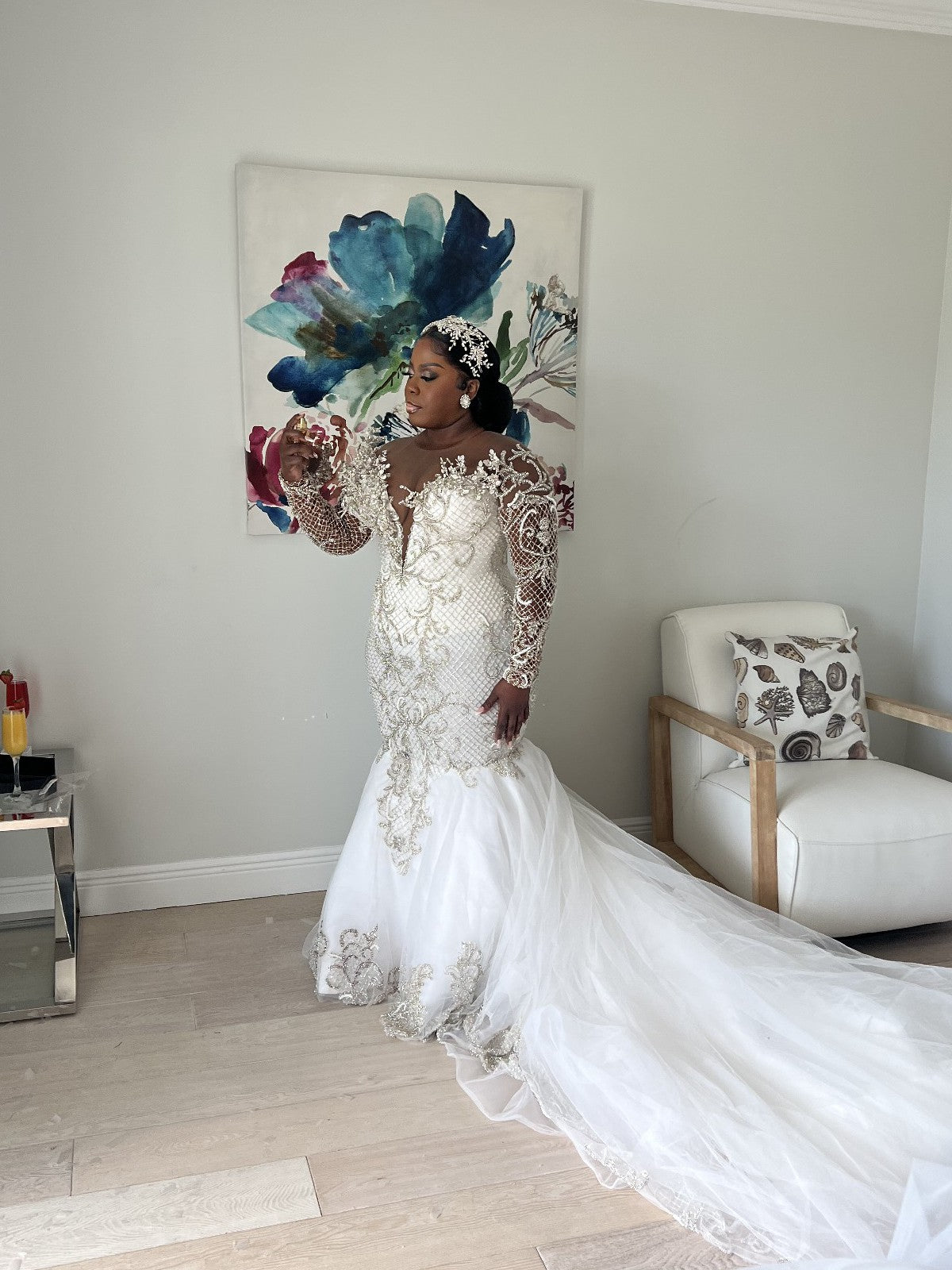 C2025-MPS17 - crystal beaded fit-to-flare plus size wedding gown with sheer long sleeves