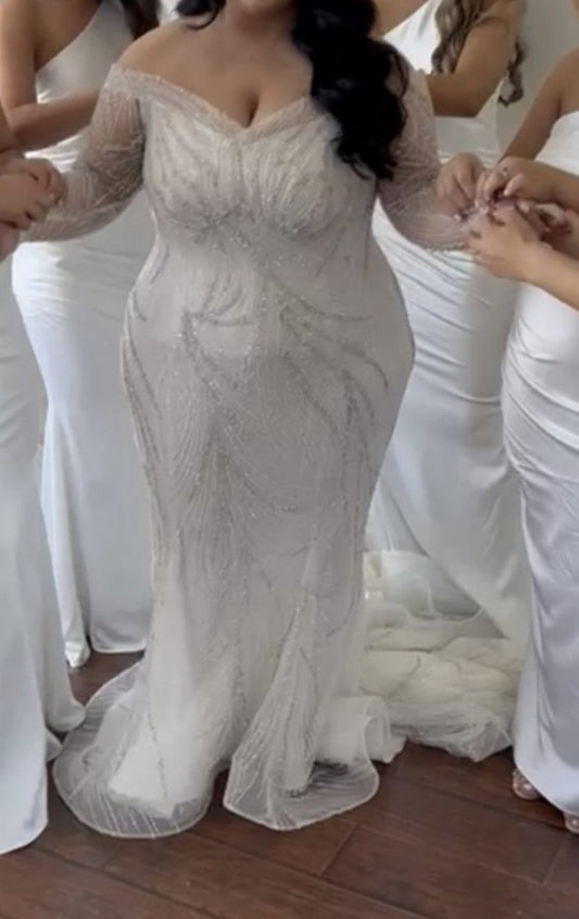 C2025-SK1217 - off the shoulder plus size beaded wedding gown
