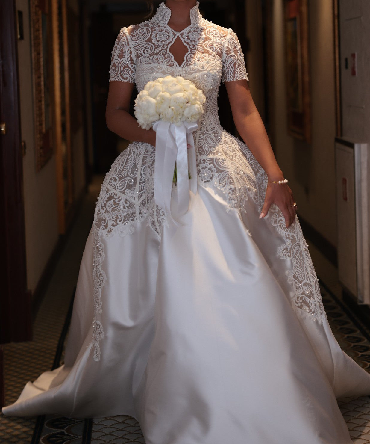 C2026-SSB19 - Short Sleeve Lace wedding ball gown with collar