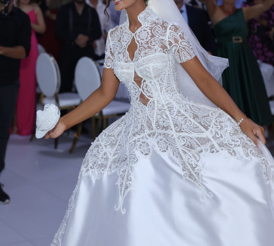 C2026-SSB19 - Short Sleeve Lace wedding ball gown with collar