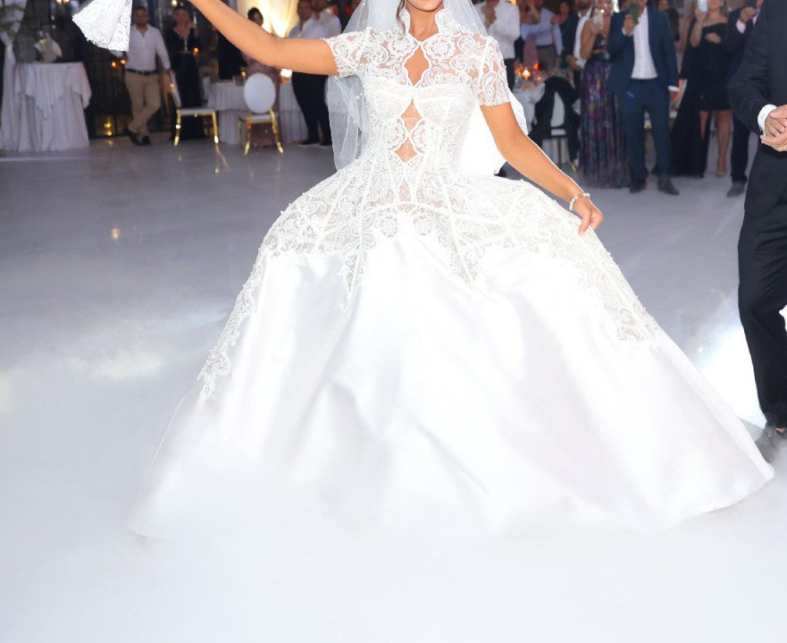 C2026-SSB19 - Short Sleeve Lace wedding ball gown with collar