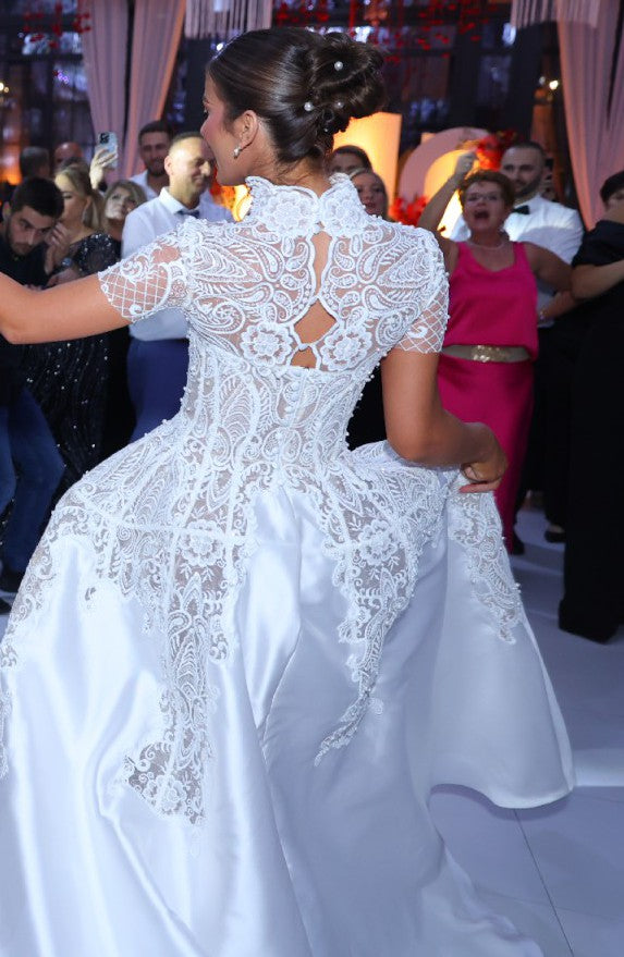 C2026-SSB19 - Short Sleeve Lace wedding ball gown with collar