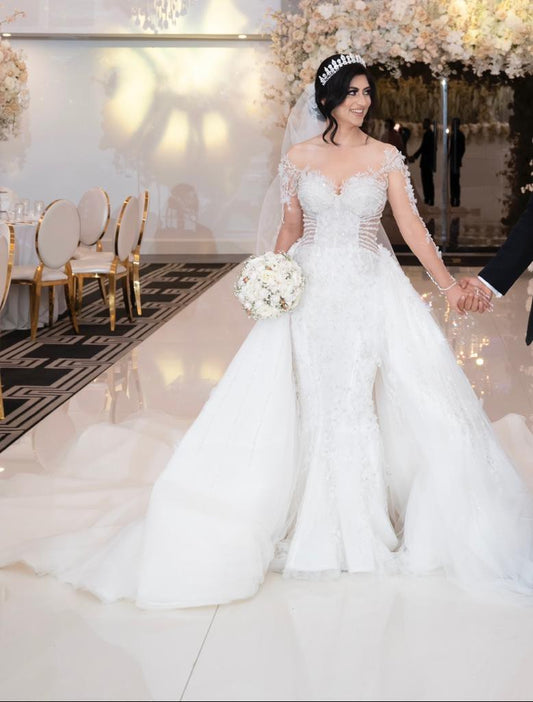 C2023-LS83P - sheer long sleeve beaded wedding gown with detachable train
