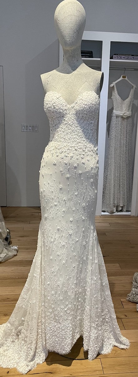 C2023-SBB4 - strapless fitted wedding gown with flowing over skirt