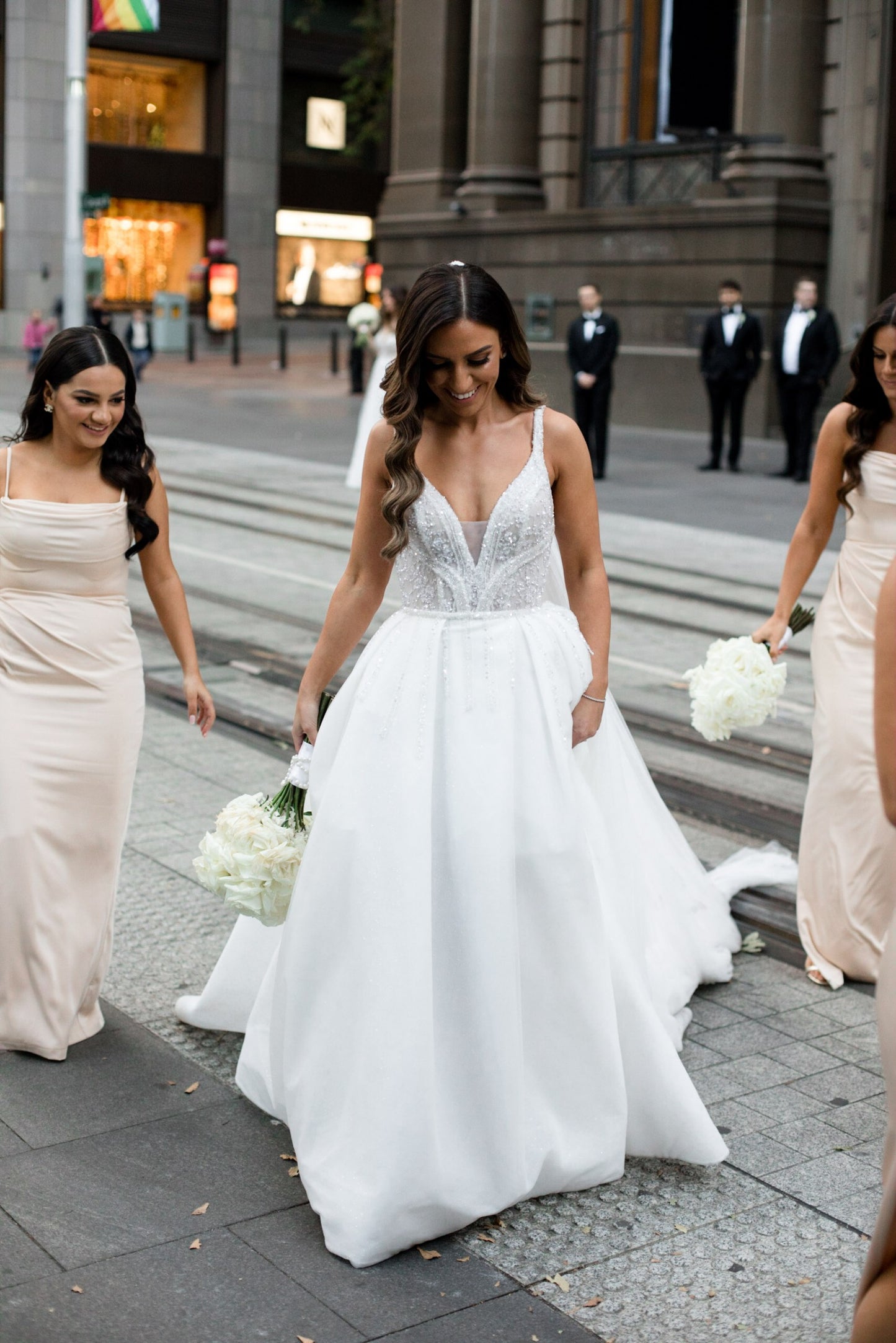 C2023-B638 - sleeveless beaded v-neck wedding gown with detachable over skirt