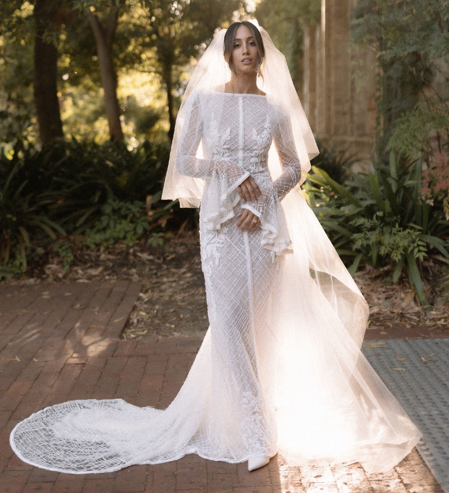 C2023-LSb22 - lattice criss cross beaded long trumpet sleeve wedding gown