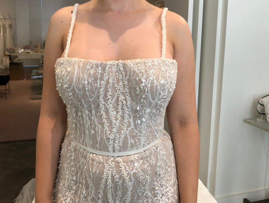 C2023-SS022 - beaded spaghetti strap wedding dress with chapel train