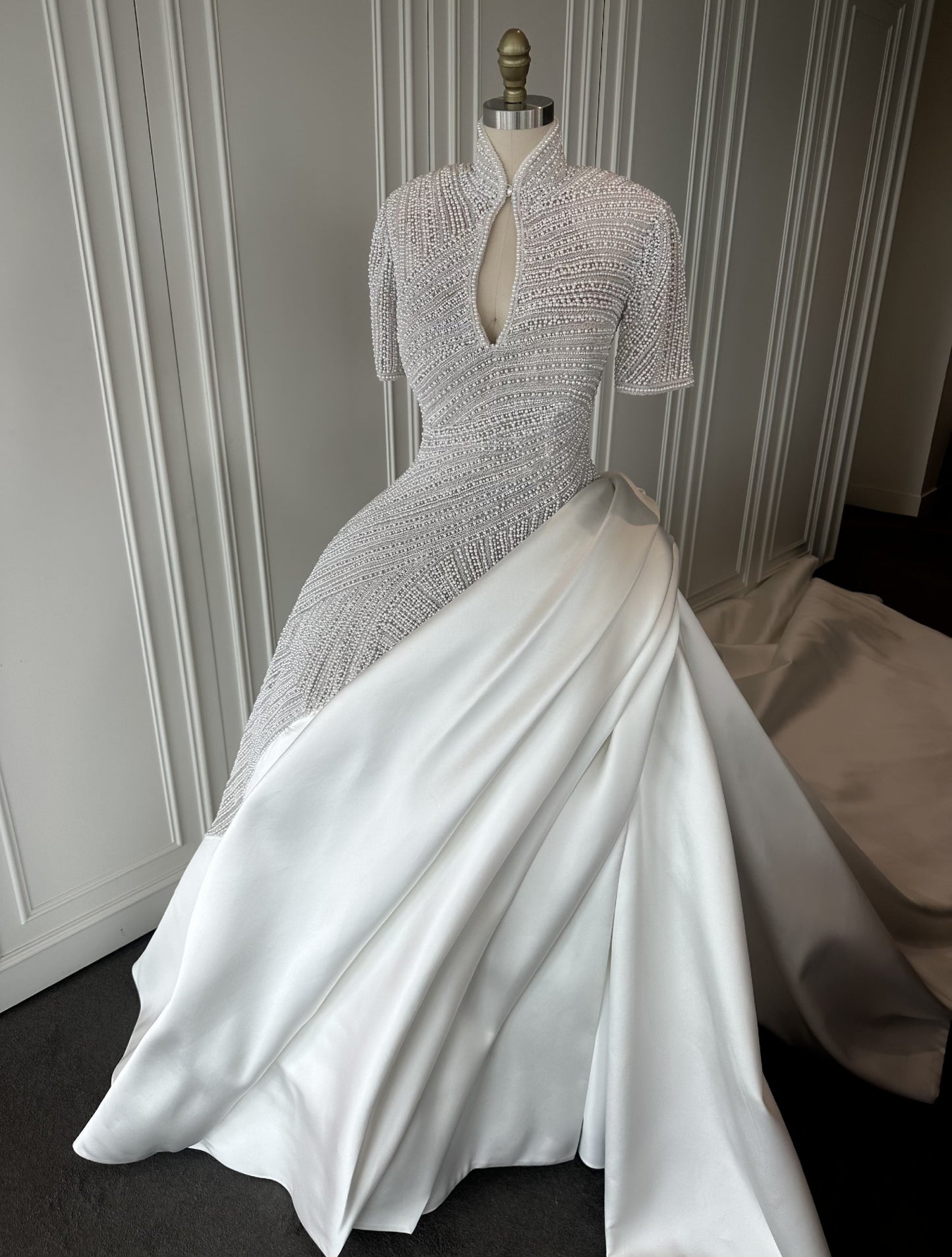 C2024-SSB42 - Beaded Short Sleeve Ball Gown Wedding Dress with collar and satin over skirt
