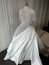 C2024-SSB42 - Beaded Short Sleeve Ball Gown Wedding Dress with collar and satin over skirt