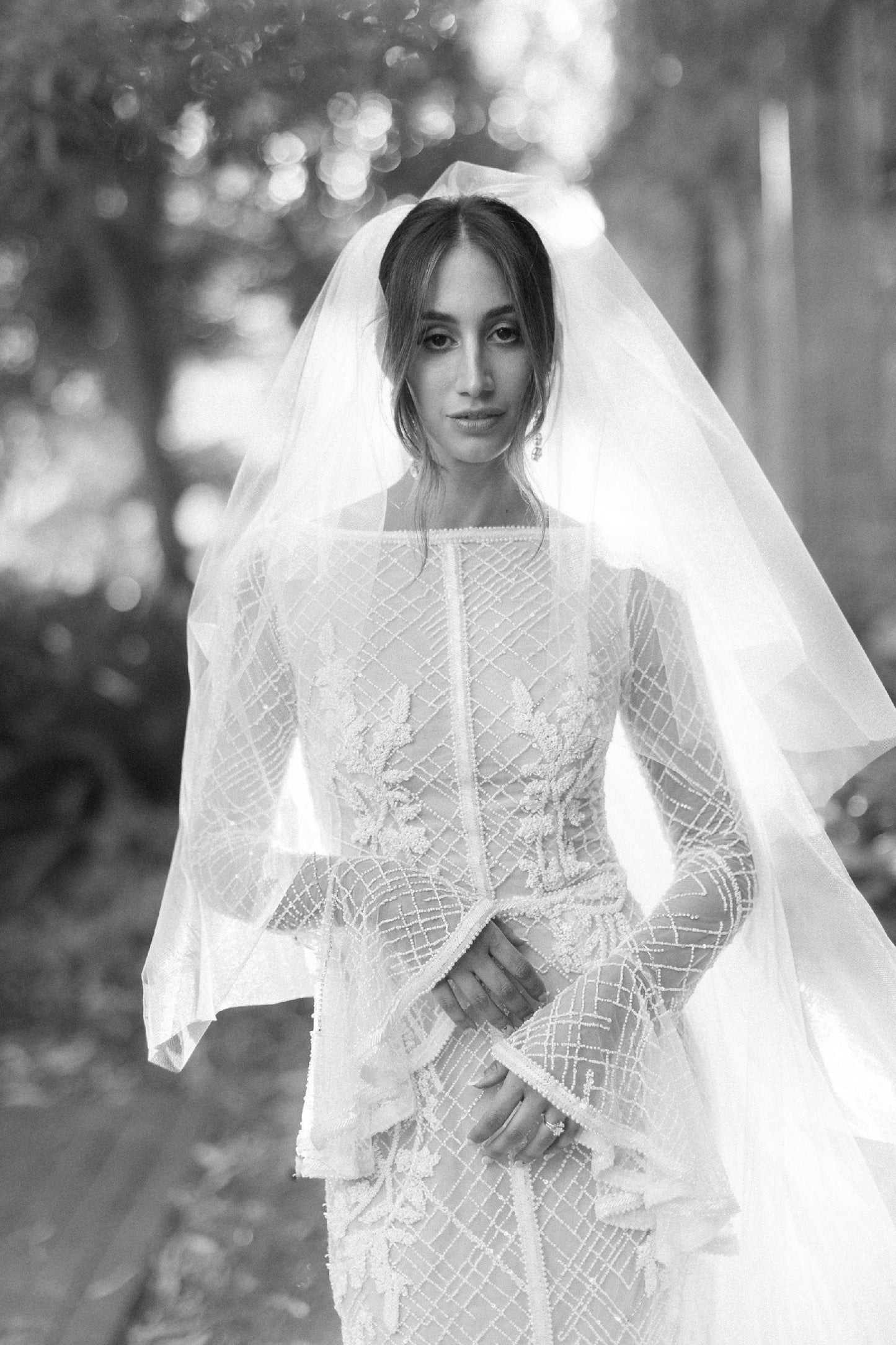 C2023-LSb22 - lattice criss cross beaded long trumpet sleeve wedding gown