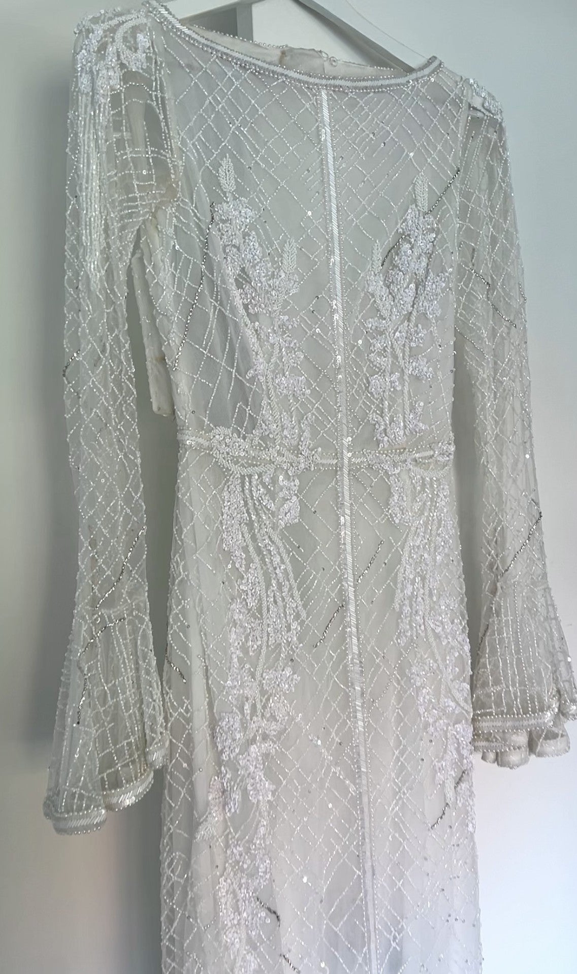 C2023-LSb22 - lattice criss cross beaded long trumpet sleeve wedding gown