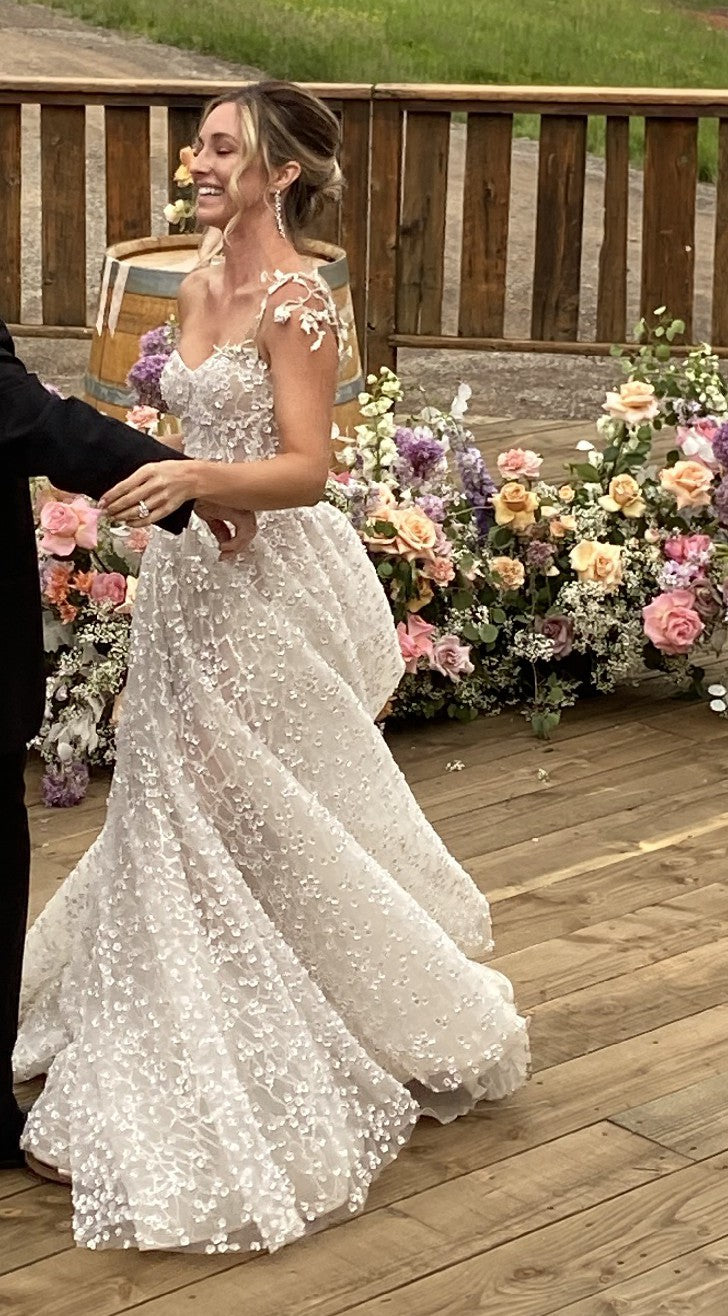 C2023-SH8R - Sweetheart a-line style wedding gown with petal embellishments