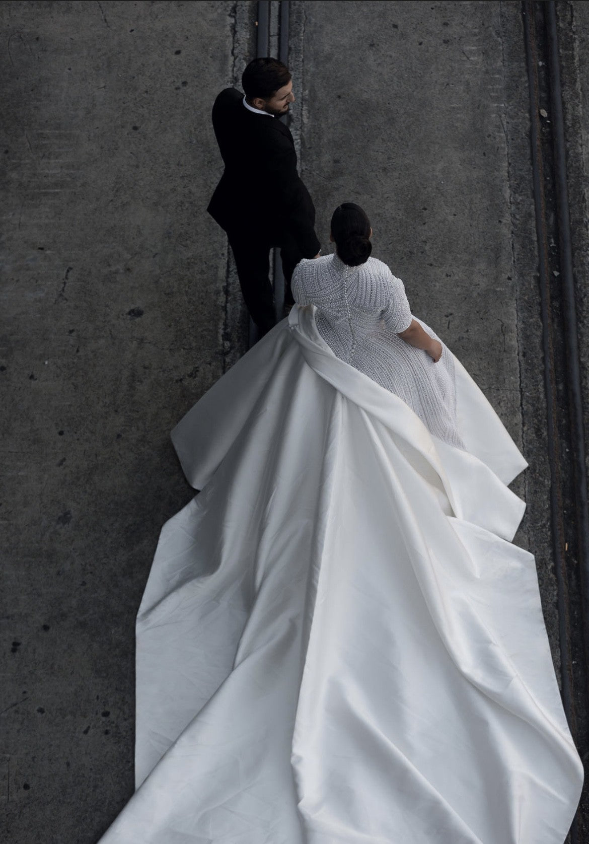 C2024-SSB42 - Beaded Short Sleeve Ball Gown Wedding Dress with collar and satin over skirt