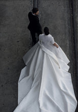 C2024-SSB42 - Beaded Short Sleeve Ball Gown Wedding Dress with collar and satin over skirt