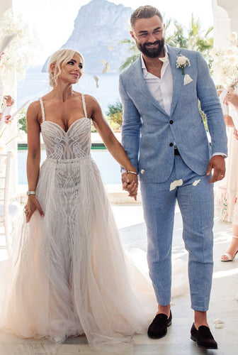 C2023-SS83D - spaghetti strap sweetheart beaded wedding gown with overskirt